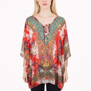 Ali Miles Colorful Chiffon Kaftan Poncho Coverup Beaded Lace Up Boho Size 2X